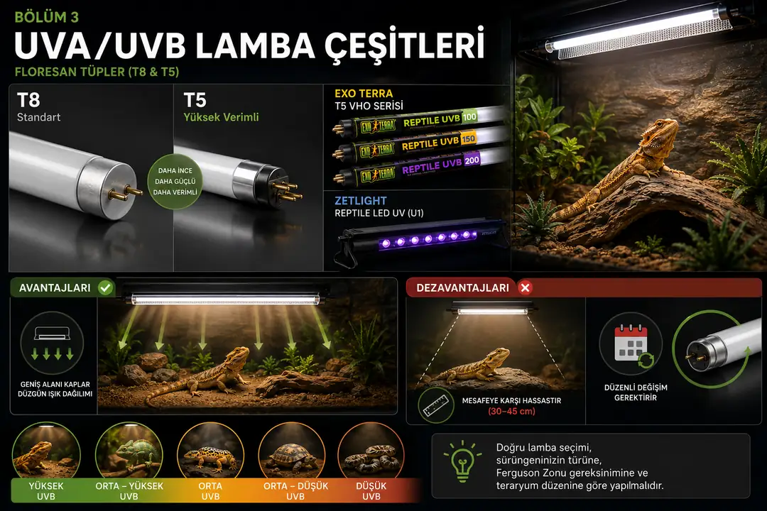 Sürüngenler için UVA/UVB lamba seçiminde T5 ve T8 floresan tüpler ile UVB sağlayan LED sistemleri farklı seçenekler sunar. T5 lambalar yüksek UVB verimi ve geniş alana dengeli ışık dağılımıyla öne çıkarken, doğru seçim sürüngenin türüne, Ferguson Bölgesi ihtiyacına, teraryum ölçülerine ve lambanın kullanım mesafesine göre yapılmalıdır.
