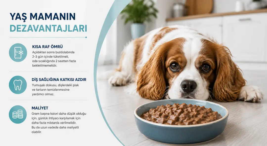 Yaş köpek maması açıldıktan sonra kısa sürede tüketilmesi, diş temizliğine sınırlı katkı sağlaması ve uzun vadede daha maliyetli olabilmesi nedeniyle dikkatli planlanmalıdır.