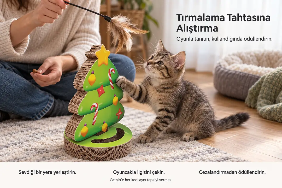 &nbsp; Kediniz mobilyayı tırmalarken onu sessizce tahtaya götürün ve tahtayı tırmaladığında ödüllendirin.