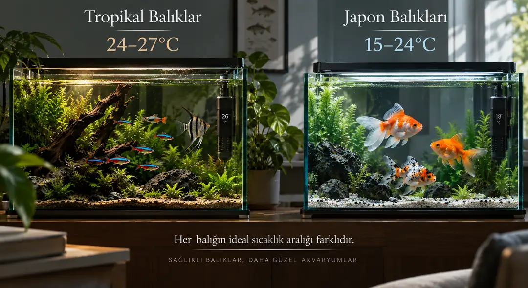 Tropikal tatlı su balıkları için genel öneri 24-27°C aralığıdır [14]. Betta balıkları için ideal sıcaklık 25-28°C'dir [16]. Japon balıkları ise 15-24°C aralığında en iyi şekilde gelişir ve genellikle ısıtıcıya ihtiyaç duymaz [15]&nbsp;&nbsp;