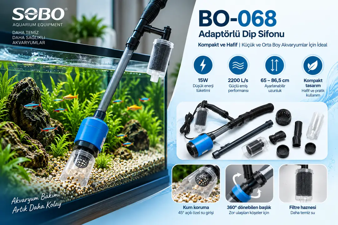 Sobo BO-068 Adaptörlü Dip Sifonu, 15W motor gücü, 2200 L/saat emiş kapasitesi ve 65–86,5 cm ayarlanabilir gövdesiyle küçük ve orta boy akvaryumlarda kum ve çakılları koruyarak pratik dip temizliği yapılmasına yardımcı olur.