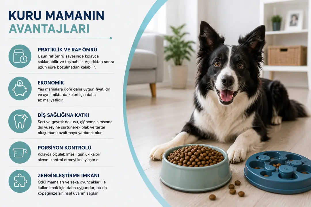 Kuru köpek maması; uzun raf ömrü, ekonomik kullanımı, porsiyon kontrolü ve pratikliğiyle günlük beslenmede avantajlı bir seçenek sunar.