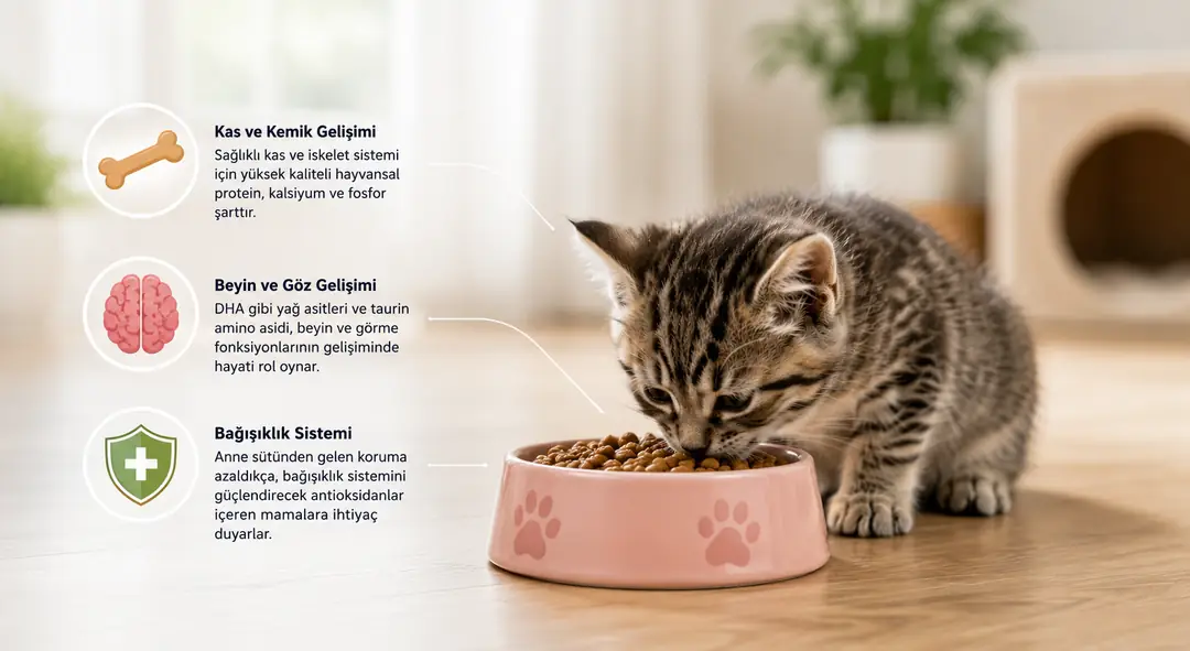Yetişkin kedi mamaları, yavru kedilerin bu yoğun ihtiyaçlarını karşılayacak besin değerlerine sahip değildir.