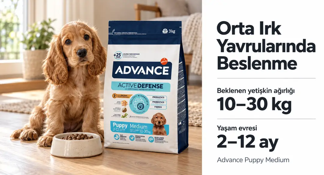 Advance Puppy Medium, yetişkin ağırlığı 10-30 kg olacak yavrular için 2-12 ay dönemine yönelik formüle edilmiştir