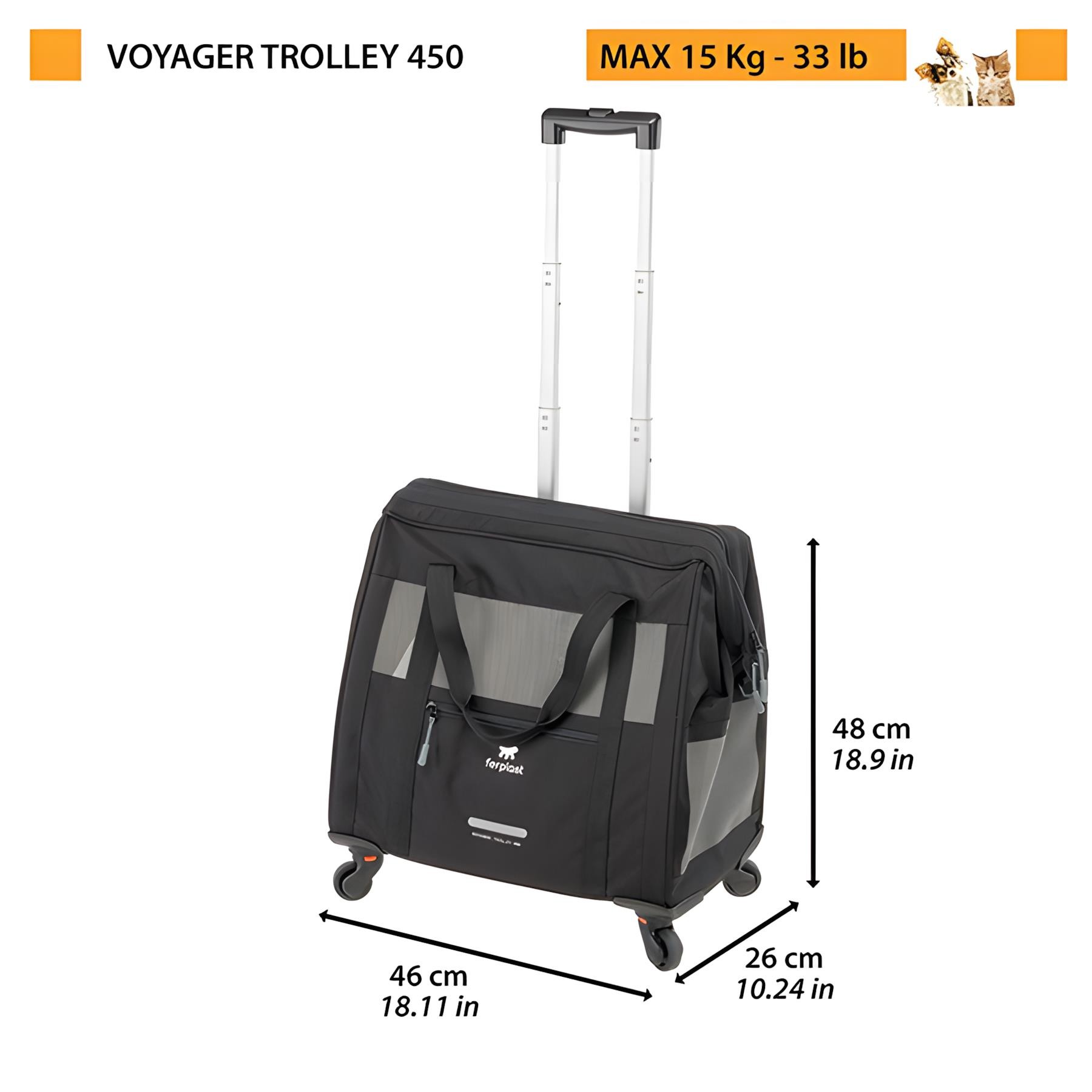 Ferplast Voyager 450 Tekerlekli Evcil Hayvan Taşıma Çantası Siyah 46x26x48cm