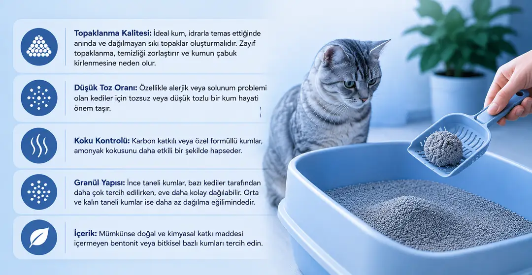 Doğru kedi kumu seçimi, hem kedinizin konforunu hem de evinizin hijyenini doğrudan etkiler. Güçlü topaklanma, düşük toz oranı, etkili koku kontrolü, uygun granül yapısı ve doğal içerik gibi temel özelliklere dikkat ederek daha temiz, pratik ve uzun ömürlü bir kullanım sağlayabilirsiniz. Kaliteli bir kedi kumu, günlük temizlik sürecini kolaylaştırırken kediniz için de daha sağlıklı ve rahat bir tuvalet deneyimi sunar.