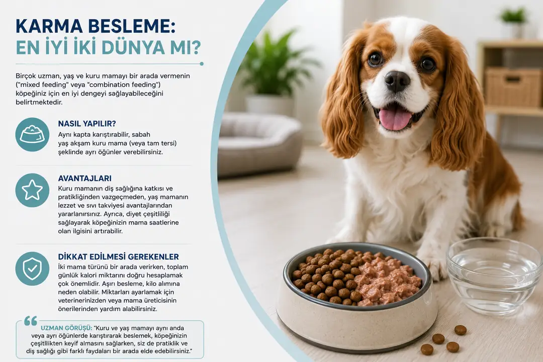 Karma besleme, yaş ve kuru mamanın avantajlarını bir araya getirerek köpeğin beslenmesine çeşitlilik, sıvı desteği ve pratiklik kazandırabilir.
