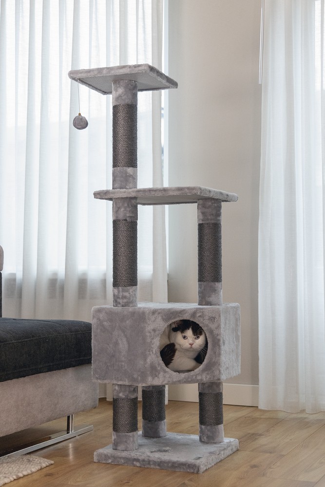 Beeztees Kedi Köşe Tırmalama ve Oyun Evi, Gri, 40x40x135cm