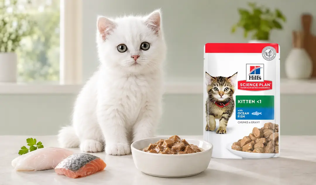 Yavru kedi maması nasıl seçilir rehberi kapsamında, farklı dokulara alışmayı desteklemek amacıyla kuru ve yaş mamanın birlikte sunulması; beyaz yavru kedi, Hill’s Science Plan Kitten yaş mama, mama kabı ve kaliteli hayvansal protein kaynakları.