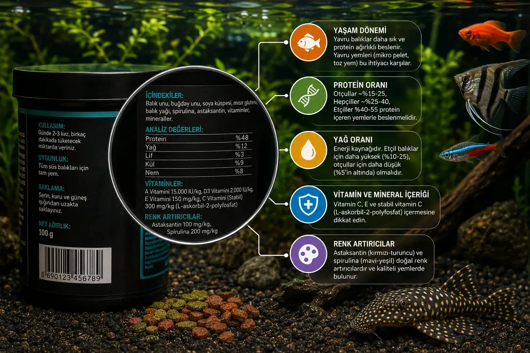 Balık yemi seçerken yaşam dönemi, protein ve yağ oranı, vitamin-mineral içeriği ile doğal renk artırıcıların kontrol edilmesi sağlıklı ve dengeli beslenme için önemlidir.