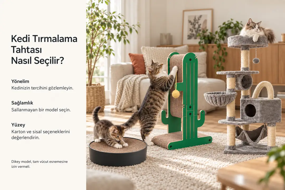 &nbsp; Kediniz için tırmalama tahtası seçerken üç temel kriter belirleyicidir: Yönelim, stabilite ve yüzey malzemesi.