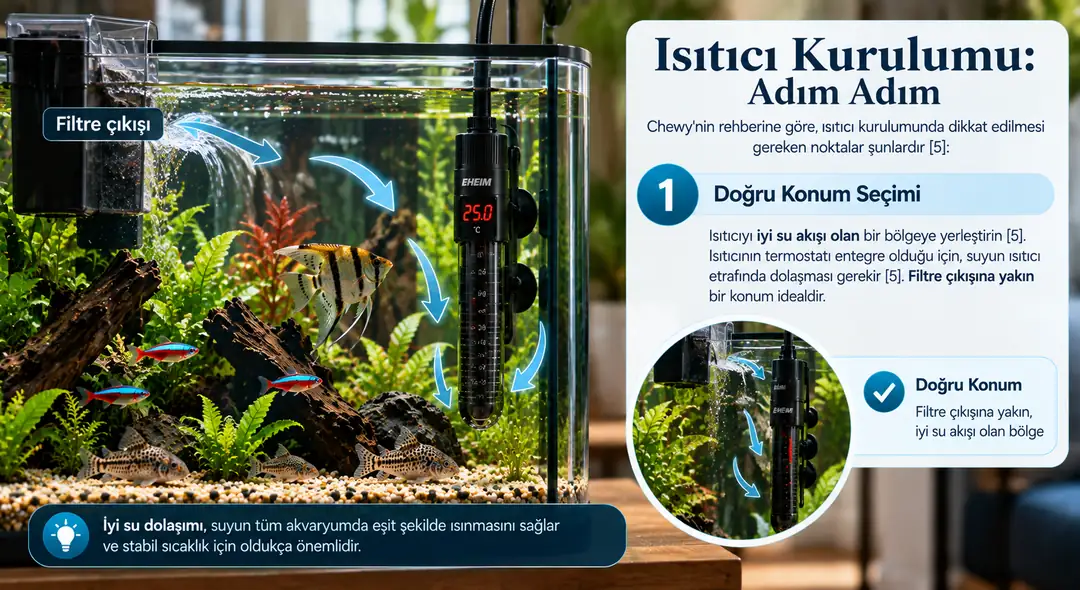 Akvaryum ısıtıcısının filtre çıkışına yakın, su akışının güçlü olduğu bölgeye doğru şekilde yerleştirilmesini gösteren kurulum görseli.