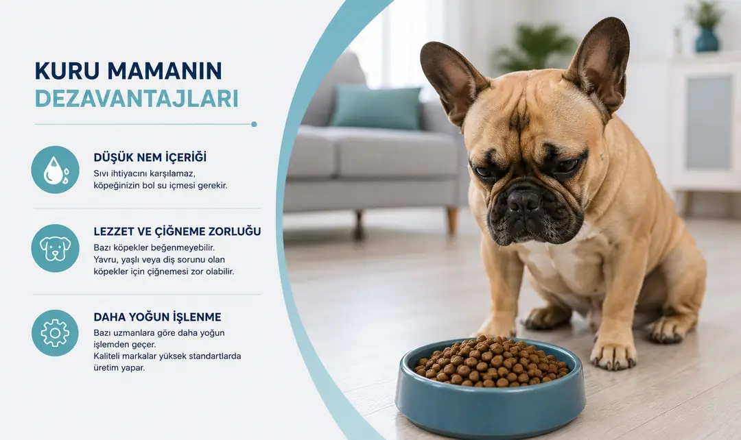 Kuru köpek maması düşük nem içeriği, sert yapısı ve yoğun işlenme süreci nedeniyle bazı köpeklerin beslenmesinde dikkatli değerlendirilmelidir.
