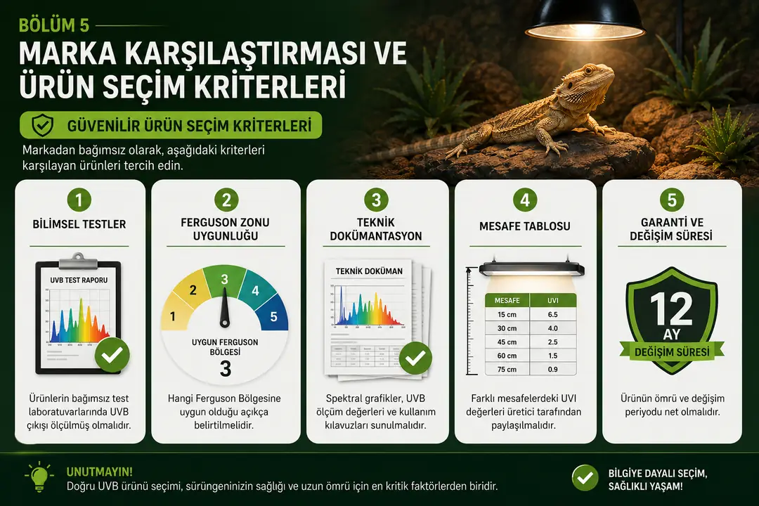 Güvenilir bir UVB lamba seçerken yalnızca marka veya ürün üzerindeki UVB oranına bakmak yeterli değildir. Bağımsız UVB testleri, Ferguson Bölgesi uygunluğu, teknik dokümantasyon, farklı mesafelerdeki UVI değerleri ve üreticinin belirttiği değişim süresi birlikte değerlendirilmelidir. Bu kriterler, sürüngenin türüne ve teraryum koşullarına uygun aydınlatma sisteminin daha bilinçli seçilmesine yardımcı olur.