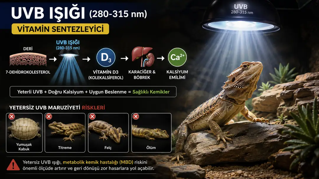 UVB ışığı, sürüngenlerin derisinde D3 vitamini sentezini destekleyerek kalsiyum metabolizmasında önemli rol oynar. Yetersiz UVB maruziyeti; uygun olmayan kalsiyum ve beslenme koşullarıyla birlikte metabolik kemik hastalığı (MBD) riskini artırabilir. Bu nedenle sürüngenin türüne uygun UVB lambası, doğru kullanım mesafesi ve dengeli beslenme sağlıklı kemik gelişimi açısından önemlidir.