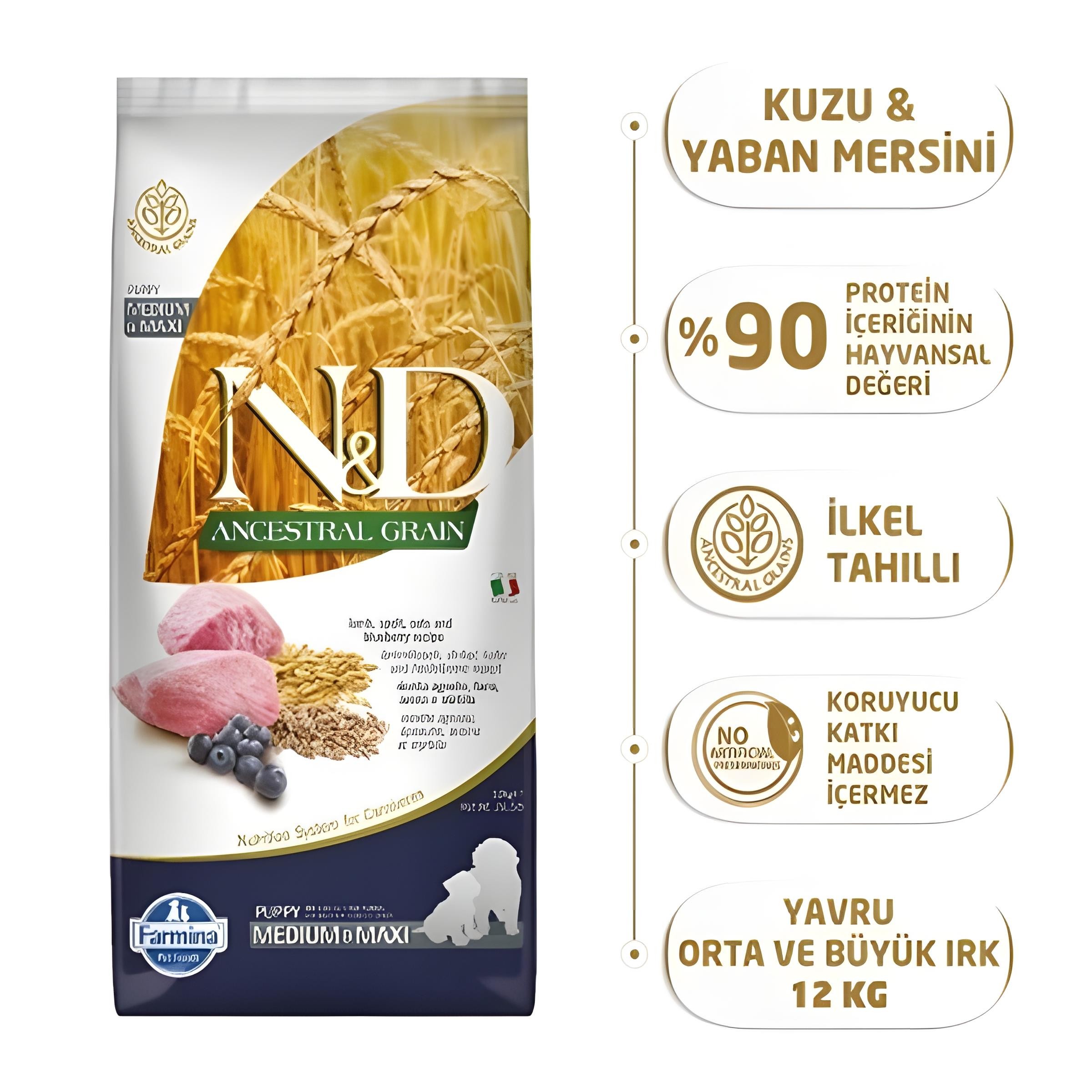 ND Düşük Tahıllı Kuzu Etli Yaban Mersinli Orta ve Büyük Irk Yavru Köpek Maması 12kg