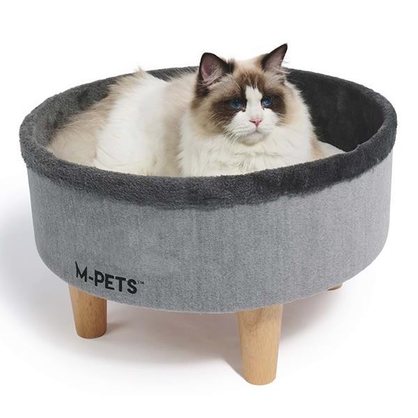 M-Pets Round Elevated Ahşap Ayaklı Kedi Yatağı Gri 47x47x26Cm