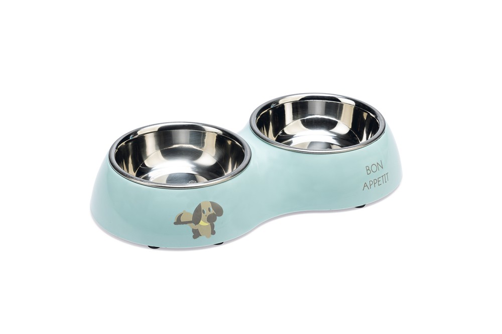 Beeztees Köpek İkili Mama ve Su Kabı, Paslanmaz Çelik, Turkuaz, 27x14cm, 2x160ml