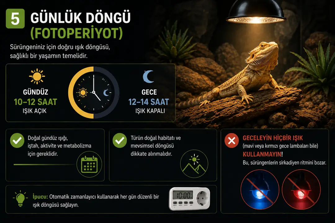Sürüngenlerde sağlıklı bir gündüz-gece döngüsü (fotoperiyot) oluşturmak için birçok türde yaklaşık 10–12 saatlik gündüz aydınlatması başlangıç noktası olarak kullanılabilir. Süre, türün doğal yaşam alanı ve mevsimsel ihtiyaçlarına göre ayarlanmalıdır. Gece ise doğal karanlık döngüsünü korumak amacıyla mavi veya kırmızı gece lambaları dahil görünür ışık kullanılmamalıdır.