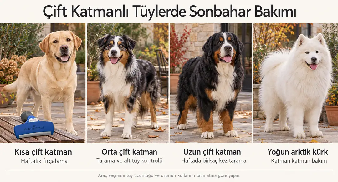 Çift katmanlı tüye sahip ırklar, iki katmandan oluşan bir kürke
sahiptir: uzun koruyucu üst tüyler (guard hairs) ve yoğun,
yumuşak alt tüyler (undercoat). Alt tüyler yalıtım görevi görür ve ilkbahar
ile sonbaharda büyük ölçüde yenilenir&nbsp; &nbsp; &nbsp;
