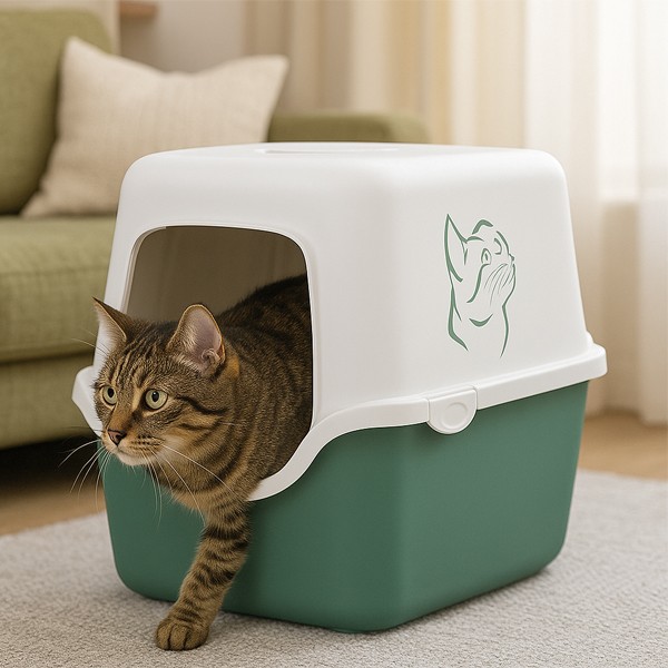 Trixie Kedi Resmi Baskılı Kapalı Kedi Tuvaleti Yeşil-Beyaz 40x40x56cm	