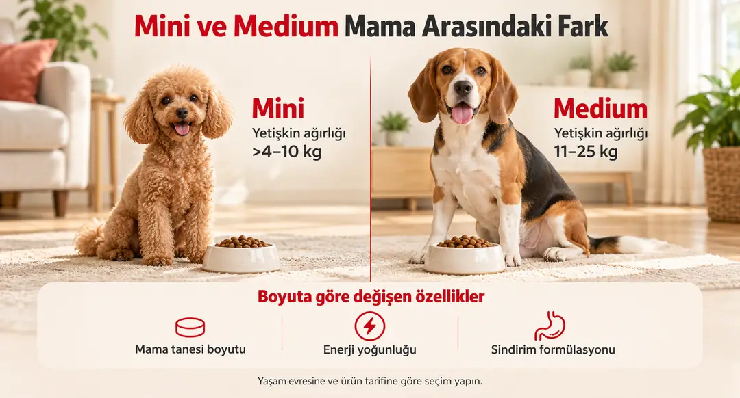 Mini mamalar, 4-10 kg yetişkin ağırlığındaki küçük ırklar için formüle edilirken; Medium mamalar 11-25 kg ağırlığındaki orta boy ırkların ihtiyaçlarına göre hazırlanı