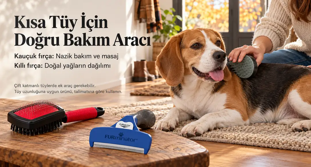 Kauçuk bakım fırçası (rubber curry) veya uygun sertlikte doğal/sentetik kıllı fırça (bristle brush) kısa tüylü köpekler için uygundu&nbsp;&nbsp;