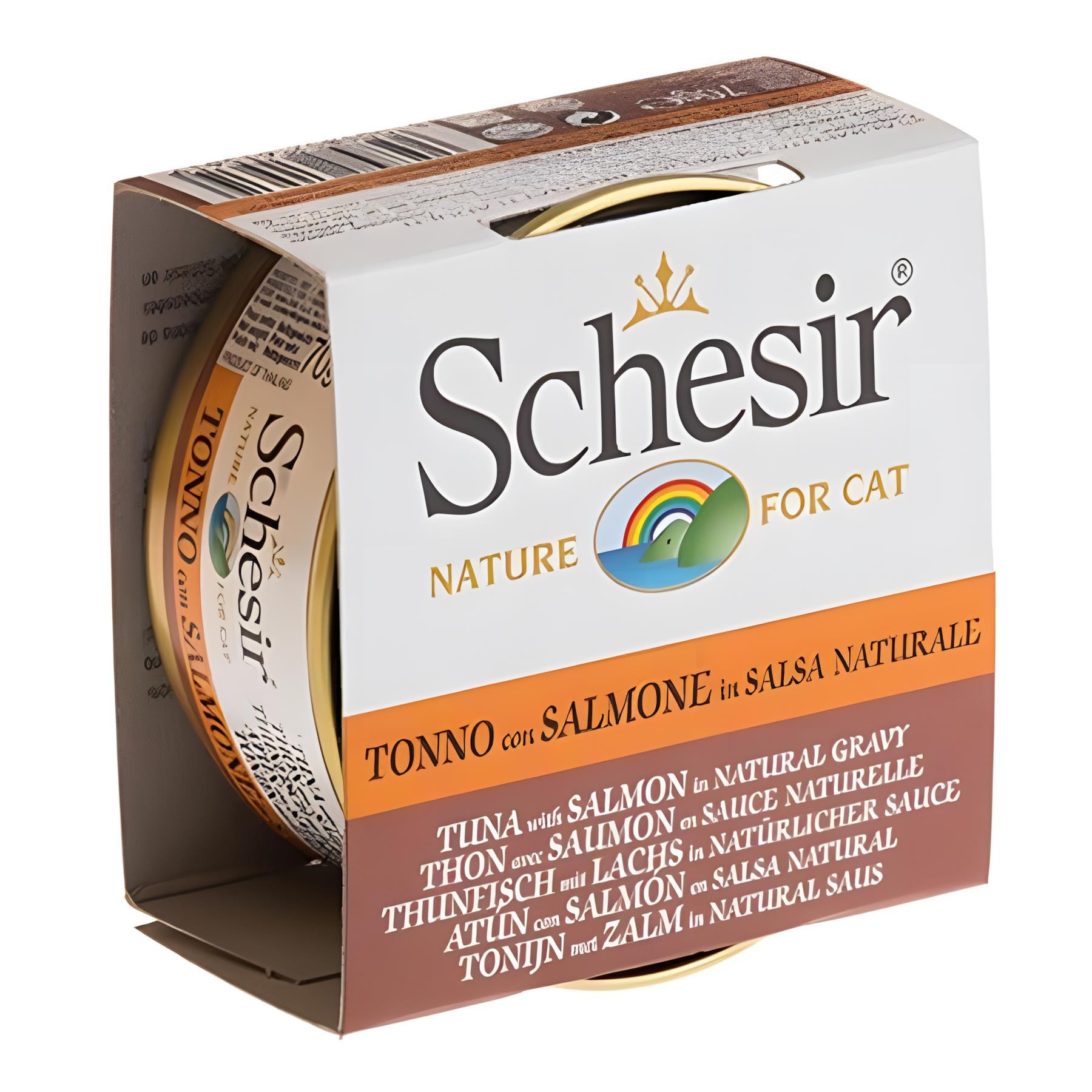 Schesir Et Suyunda Ton Balıklı ve Somonlu Yetişkin Kedi Konservesi 70gr