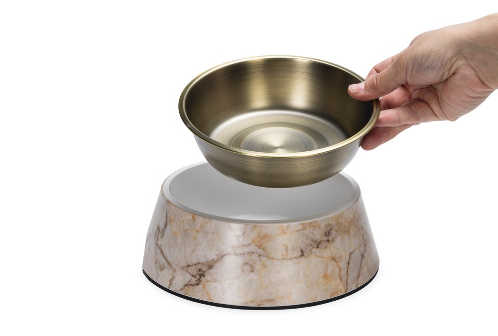 Beeztees DBL Köpek Mama Su Kabı, Mat Altın Rengi Paslanmaz Çelik, Bej Mermer Görünümlü, 22cm, 700ml