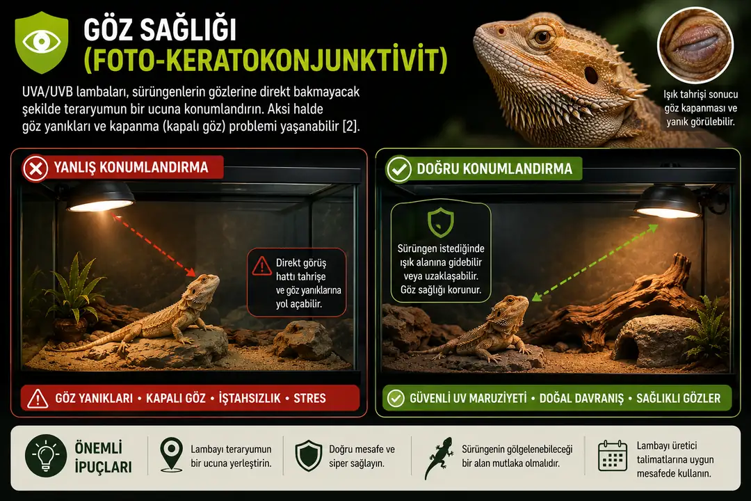 UVA/UVB lambaları sürüngenin doğrudan göz hizasına ışık verecek şekilde konumlandırılmamalıdır. Uygun olmayan UV maruziyeti gözlerde tahriş, gözleri kapalı tutma ve foto-keratokonjunktivit gibi problemlere yol açabilir. Lamba üretici talimatlarına uygun mesafede ve sürüngenin gerektiğinde ışık alanından uzaklaşabileceği şekilde yerleştirilmelidir.