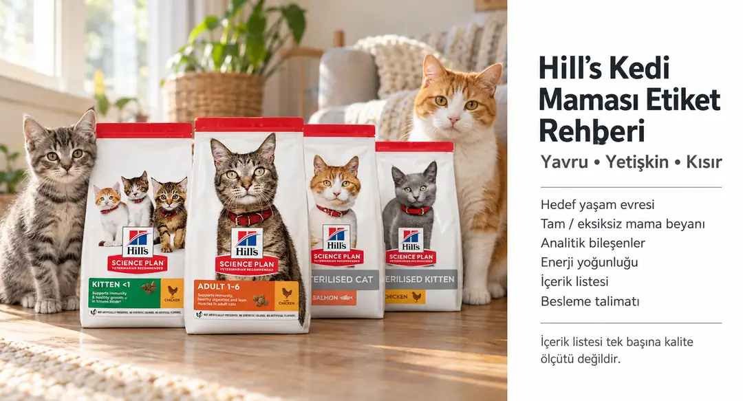 &nbsp; Hill's kedi maması etiketini değerlendirirken ürünün hedef yaşam evresine, “tam/eksiksiz evcil hayvan maması” beyanına, analitik bileşenlere, enerji yoğunluğuna, içerik listesine ve besleme talimatına birlikte bakılmalıdır&nbsp; &nbsp;