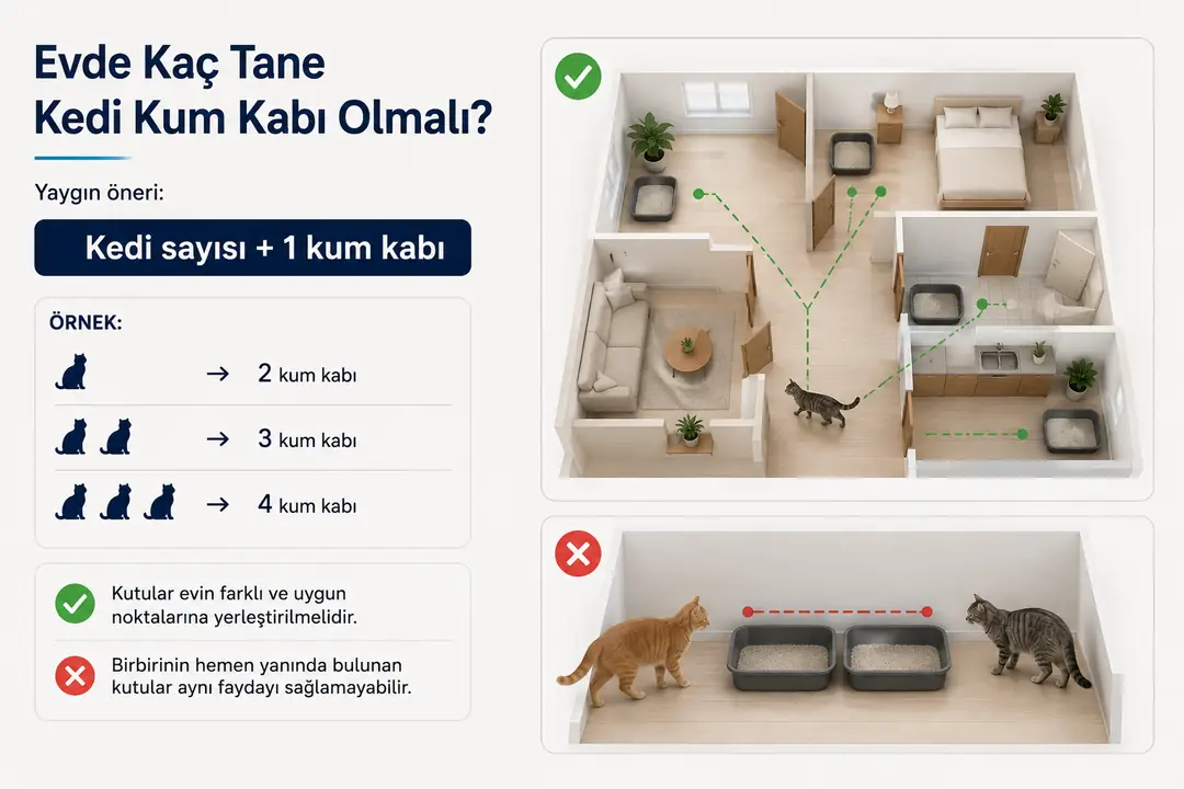 Çok kedili evlerde yaygın öneri, kedi sayısından bir fazla kum kabı bulundurmaktır. Kum kaplarının yalnızca sayısı değil, evin farklı ve kolay ulaşılabilir noktalarına yerleştirilmesi de önemlidir. Yan yana duran kum kapları, kediler açısından her zaman ayrı tuvalet alanları gibi algılanmayabilir.