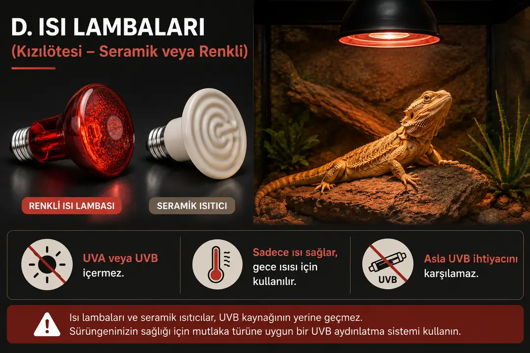 Isı lambaları ve seramik ısıtıcılar, sürüngen teraryumlarında uygun sıcaklık koşullarının oluşturulmasına yardımcı olur ancak UVA veya UVB ihtiyacını karşılamaz. Özellikle seramik ısıtıcılar ışık yaymadan ısı sağlayabilir. Sürüngenin sağlıklı gelişimi için ısıtma sisteminden bağımsız olarak, türün ihtiyaçlarına uygun UVB aydınlatması ayrıca sağlanmalıdır.