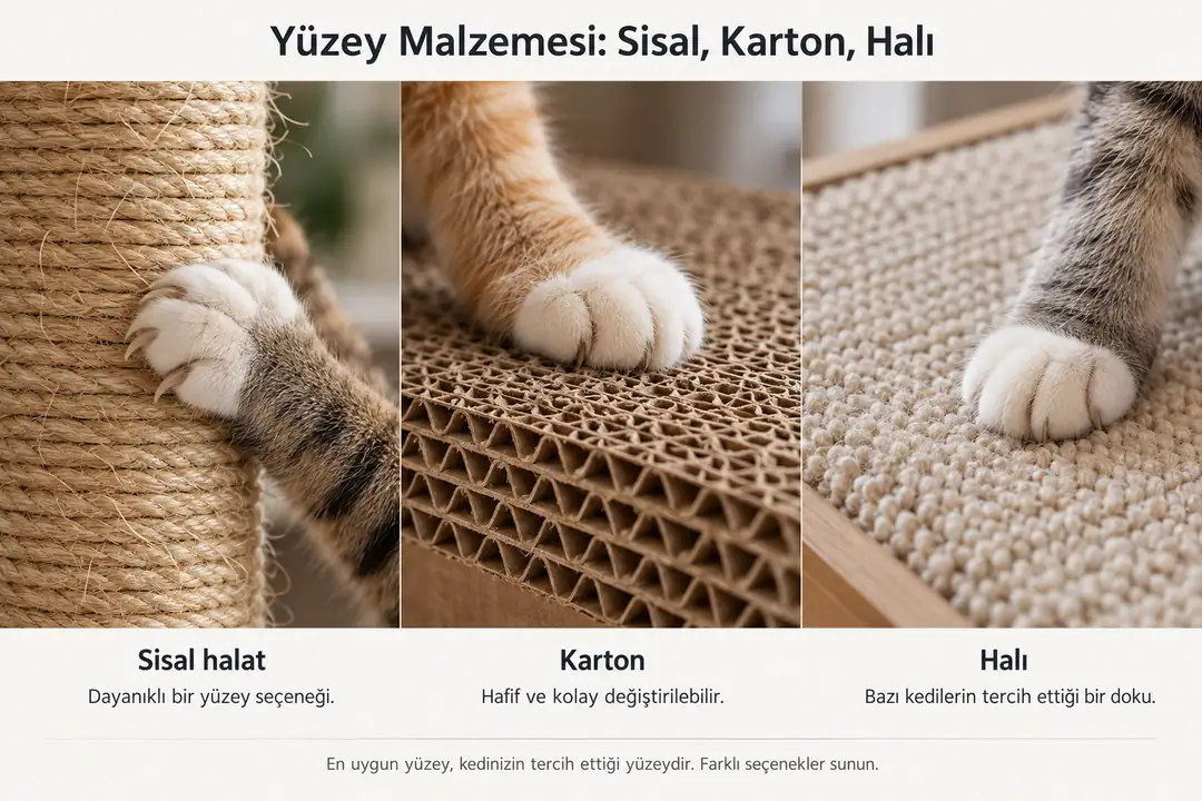 Sisal halat birçok kedinin tercih ettiği dayanıklı bir yüzeydir; ancak bazı kediler karton, halı veya başka dokuları tercih edebilir.&nbsp;