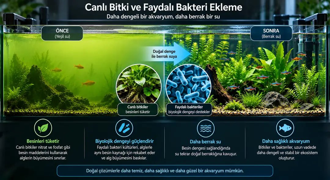 Canlı bitkiler, alglerle aynı besin maddelerini tüketerek&nbsp;rekabet oluşturur&nbsp;ve yeşil suyun önlenmesine yardımcı olur.&nbsp;&nbsp;