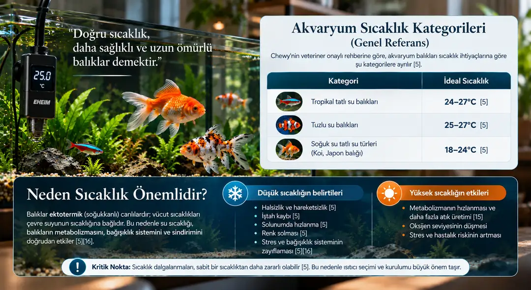 Balıklar ektotermik (soğukkanlı) canlılardır; vücut sıcaklıkları çevre suyunun sıcaklığına bağlıdır [5]. Bu nedenle su sıcaklığı, balıkların metabolizmasını, bağışıklık sistemini ve sindirimini doğrudan etkiler [5][16].