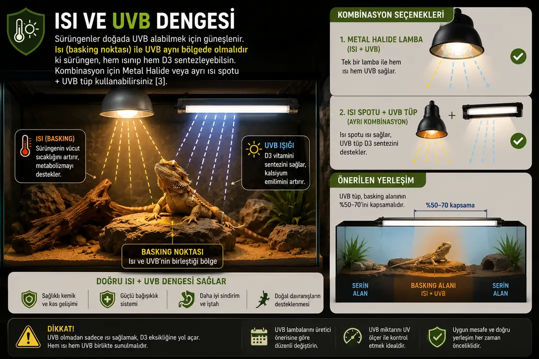Sürüngenlerin doğal güneşlenme davranışını desteklemek için ısı (basking) ve UVB alanlarının birbiriyle örtüşmesi önemlidir. Böylece sürüngen güneşlenirken hem uygun vücut sıcaklığına ulaşabilir hem de UVB aracılığıyla D3 vitamini sentezini destekleyebilir. Bu düzen, uygun bir kombine lamba veya ısı spotu + UVB tüp birlikte kullanılarak oluşturulabilir; mesafe ve UVB seviyesi türe ve üretici önerilerine göre ayarlanmalıdır.