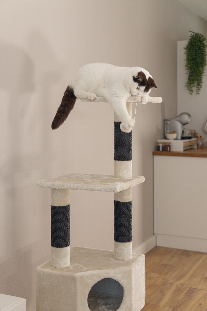 Beeztees Kedi Köşe Tırmalama ve Oyun Evi, Krem, 40x40x135cm