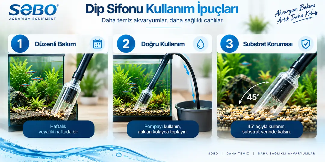 Akvaryum dip sifonu kullanırken düzenli bakım, doğru temizleme tekniği ve substrat koruması; tabanda biriken organik atıkların kontrollü şekilde uzaklaştırılmasına ve akvaryum bakımının daha pratik yapılmasına yardımcı olur.