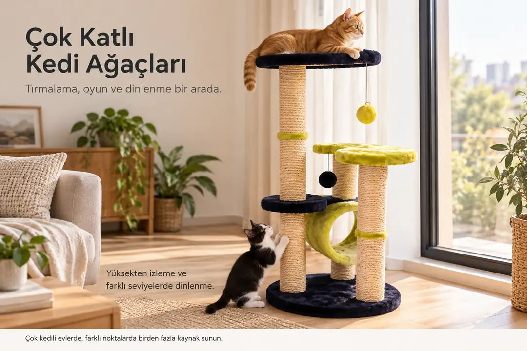 Çok katlı kedi ağaçları, tırmalama, oyun, uyku ve yüksekten izleme ihtiyacını tek bir yapıda birleştiren kapsamlı bir çözümdür.