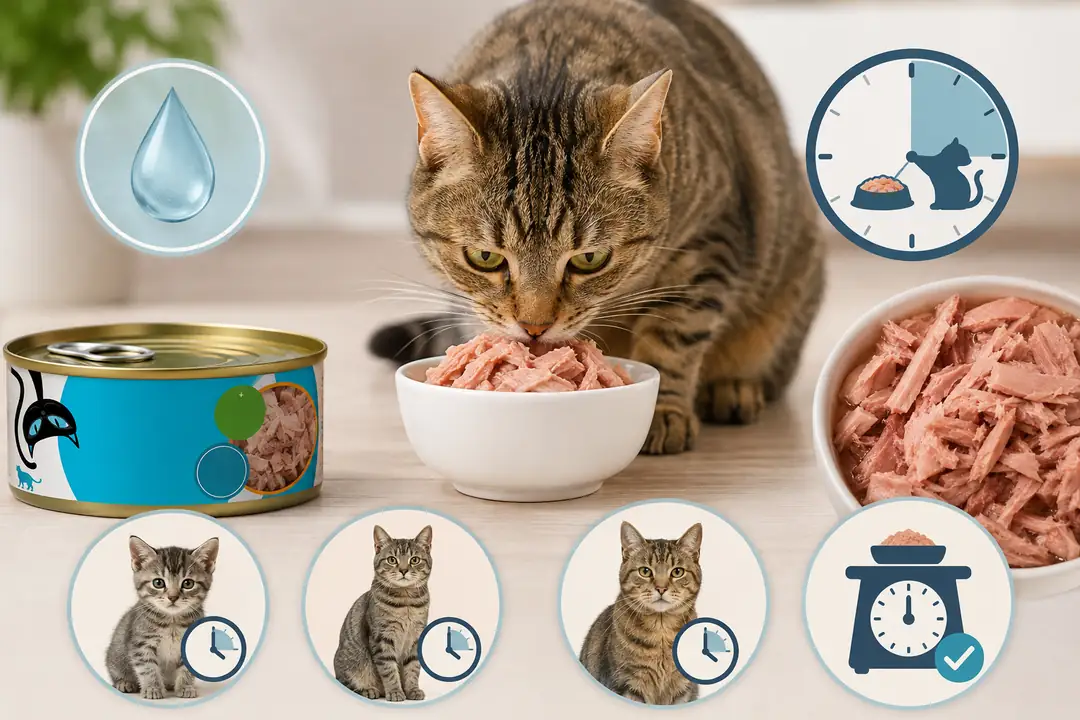 Yaş kedi mamasıyla beslenen yetişkin kedi; yaş mamanın sıvı alımına katkısı, doğru porsiyon miktarı ve düzenli beslenme sıklığını anlatan görsel.
