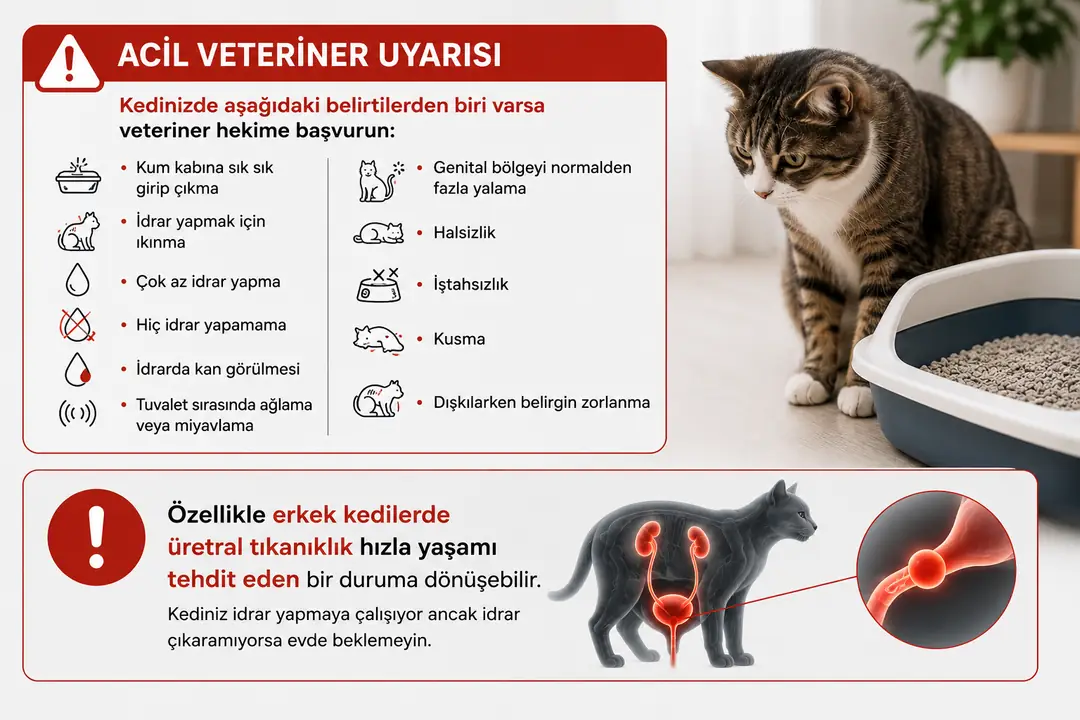 Kedinizin kum kabına sık sık girip çıkması, idrar yapmak için ıkınması, çok az veya hiç idrar yapamaması, idrarda kan, ağrılı miyavlama, halsizlik ve kusma gibi belirtiler ciddi bir üriner sistem probleminin işareti olabilir. Özellikle erkek kedilerde üretral tıkanıklık hızla yaşamı tehdit eden acil bir duruma dönüşebileceğinden, idrar yapamayan bir kedide vakit kaybetmeden veteriner hekime başvurulmalıdır.