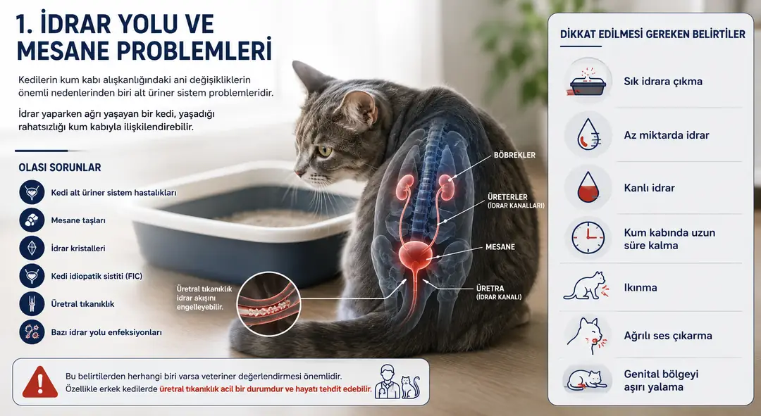 Kedilerde idrar yolu ve mesane problemleri, kum kabı alışkanlığının aniden değişmesine neden olabilir. Sık veya az miktarda idrar yapma, kanlı idrar, ıkınma, kum kabında uzun süre kalma ve genital bölgeyi aşırı yalama gibi belirtiler görüldüğünde veteriner değerlendirmesi önemlidir. Özellikle erkek kedilerde idrar yapamama, üretral tıkanıklığın belirtisi olabileceğinden acil müdahale gerektirebilir.