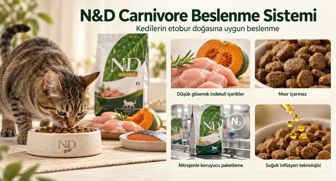 N&D, kedilerin zorunlu etobur doğasına uygun olarak geliştirilmiş bir beslenme sistemidir