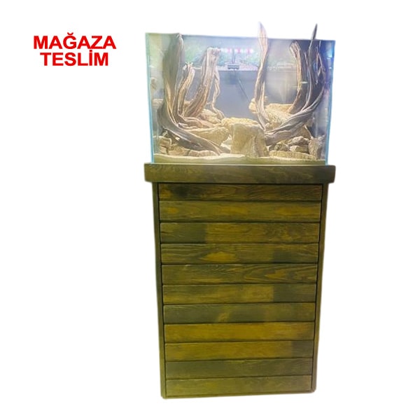 60x40x40 Cm Full Ultra Clear Rodajlı Ladin Ağaç Mobilyalı Cama Cam Akvaryum 8mm