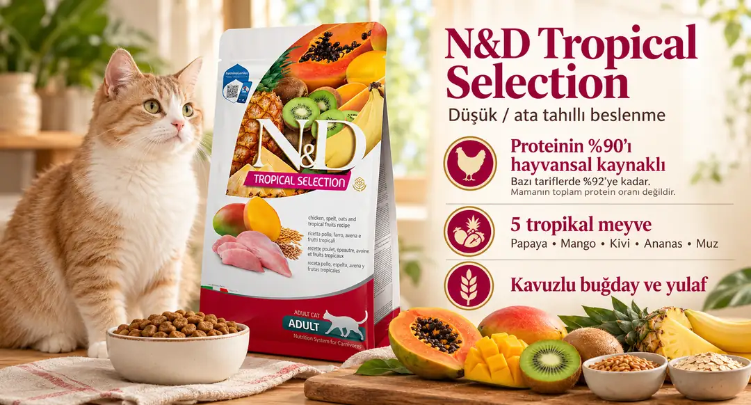 N&D Tropical Selection; kavuzlu buğday, yulaf ve beş tropikal meyve içeren bir N&D serisidir.
