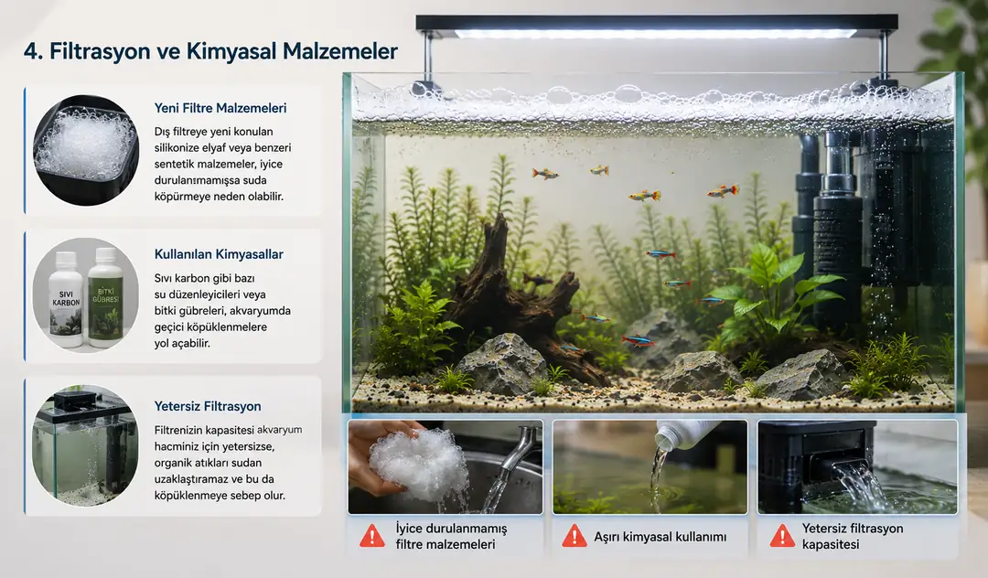 Filtrasyon ve kimyasal malzemelerin akvaryum suyunda köpük oluşumuna etkisini gösteren bitkili tatlı su akvaryumu. Yeni filtre malzemeleri, su düzenleyicileri ve yetersiz filtrasyon nedeniyle oluşabilecek köpüklenme sorunlarını anlatan bilgilendirici görsel.