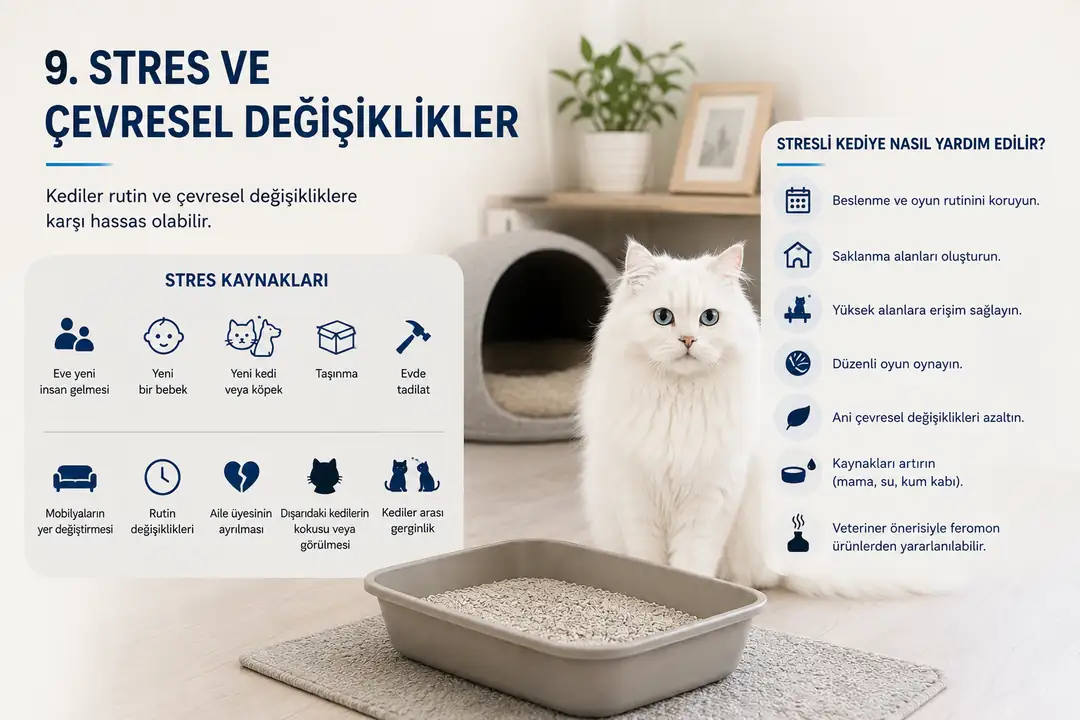 Stres ve çevresel değişiklikler, kedilerin kum kabı kullanımını etkileyebilir. Taşınma, eve yeni bir insan veya hayvan gelmesi, rutin değişiklikleri ve kediler arasındaki gerginlik stres oluşturabilir. Kedinin günlük rutinini korumak, güvenli saklanma alanları sağlamak ve çevresel değişiklikleri mümkün olduğunca kademeli yapmak uyum sürecini destekleyebilir.