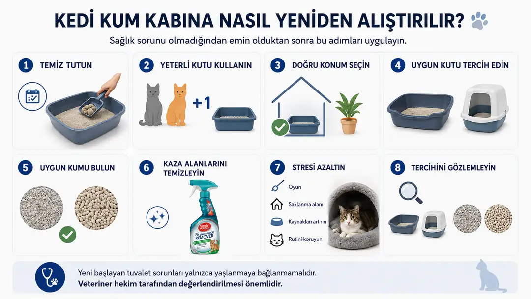 Kediyi kum kabına yeniden alıştırmak için öncelikle olası sağlık sorunları dışlanmalı, ardından kum kabının temizliği, sayısı, konumu, boyutu ve kullanılan kumun özellikleri gözden geçirilmelidir. Kazaların yaşandığı alanların kokusu uygun ürünlerle tamamen giderilmeli, stres faktörleri azaltılmalı ve kedinin farklı kum kabı ile kum seçeneklerine verdiği tepkiler gözlemlenmelidir.