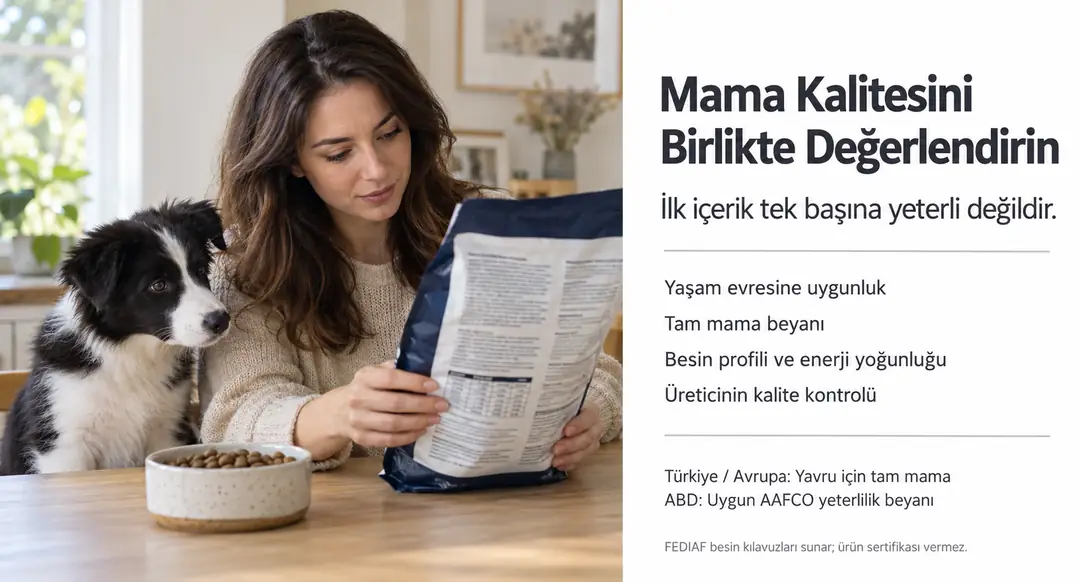&nbsp; Yaşam evresine uygunluk, tam mama niteliği, besin profili, enerji yoğunluğu ve üreticinin kalite kontrolü birlikte değerlendirilmelidir